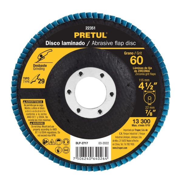 PRETUL DISCO FLAP, RESPALDO DE FIBRA DE VIDRIO DIAMETRO 4 1/2" GRANO 40-22350