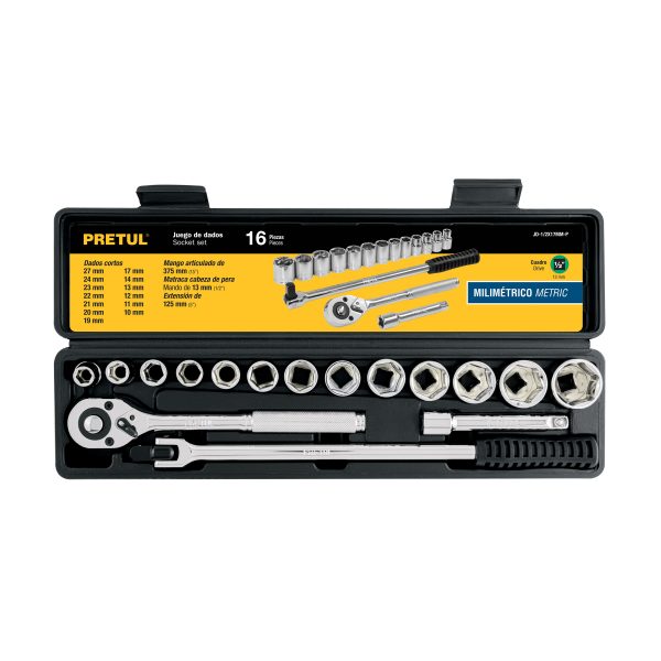 PRETUL JUEGO DE 16 PZAS MILIMETRICAS, ENCASTRE 1/2"-21174